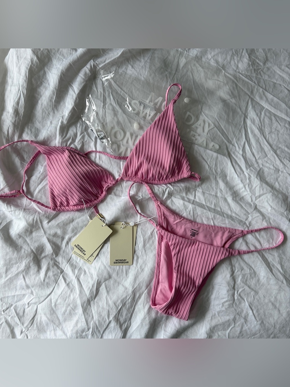 EUC MONDAY SWIMWEAR Kauai Top L Barbados Bottom M Cherry Blossom Matte Rib Pink